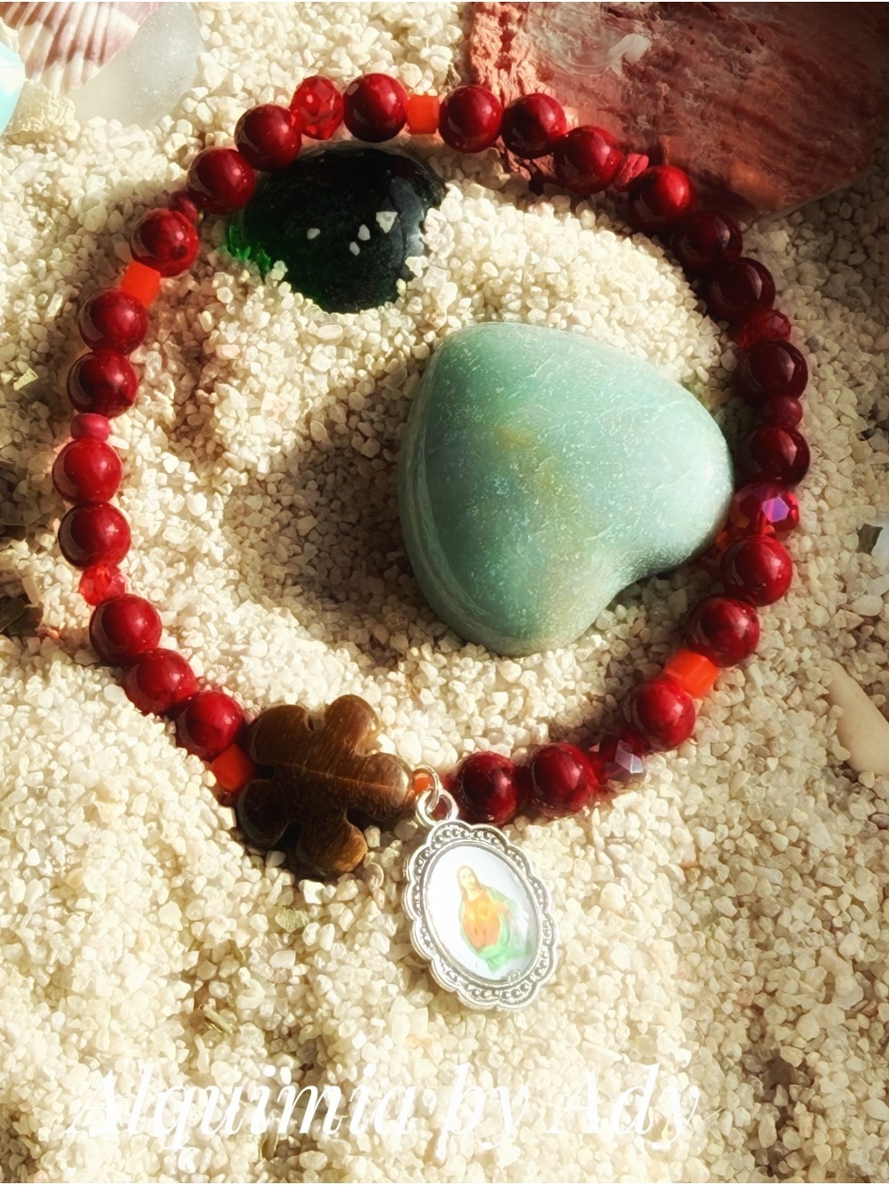 Red coral Bead Bracelet with Religious Pendant and Clover Charm